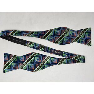 HISDERN HANDMADE SILK BOW TIE BLUE GREEN YELLOW ORANGE JACQUARD 2.75"
